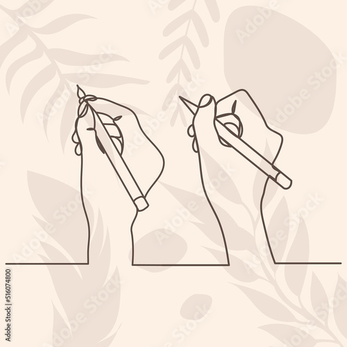 one continuous line drawing hand with pencil ,isolated vector