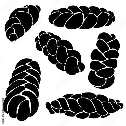 Set of silhouettes of rich pastry braids, sweet bread twisted with bundles
