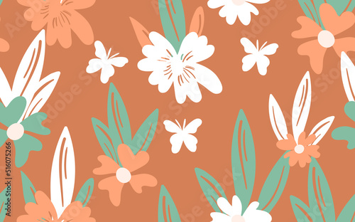 Seamless floral pattern based on traditional folk art ornaments. Colorful flowers on color background. Scandinavian style. Sweden nordic style. Vector illustration. Simple minimalistic pattern