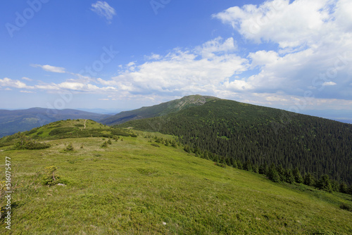Babia Gora  Babia Hora  Beskid mountains  Slovakia  Poland. View from Mala Babia Gora. Mountains and hills in the sunny summer. Wide angle distortion with soft corners.