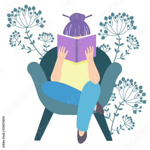Cute girl reads a book. Flat cartoon style isolated on white background. Vector illustration