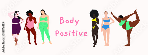 Women with different bodies, color of the skin and figures. Body positive. Set of vector illustrations. Template for promotion and advertising