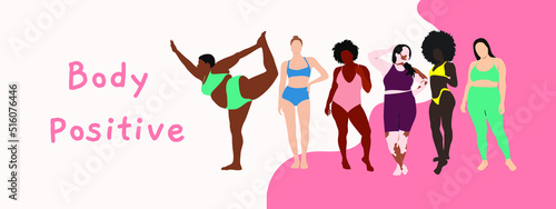Set of women illustration with different bodies and figures. Template for promotion and advertising. Vector illustration. 