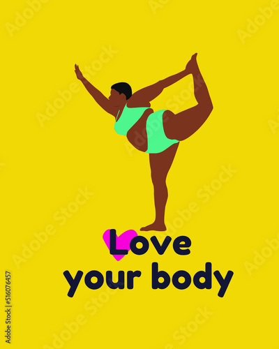 Plus size black woman. Workout. Body positive. Template for promotion and advertising. Vector Illustration. photo