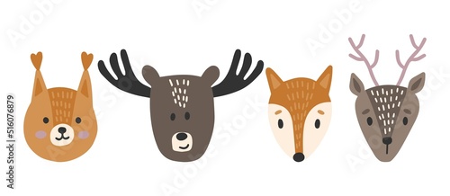 Cute vector print in Scandinavian style. Hand-drawn vector illustration for posters, postcards, T-shirts. Fox, squirrel, moose, deer.