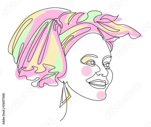 Silhouettes of the girl s head. Lady in a turban  scarf. Woman face in modern one line style. Solid line  contour for decor  posters  stickers  logo. Vector illustration.