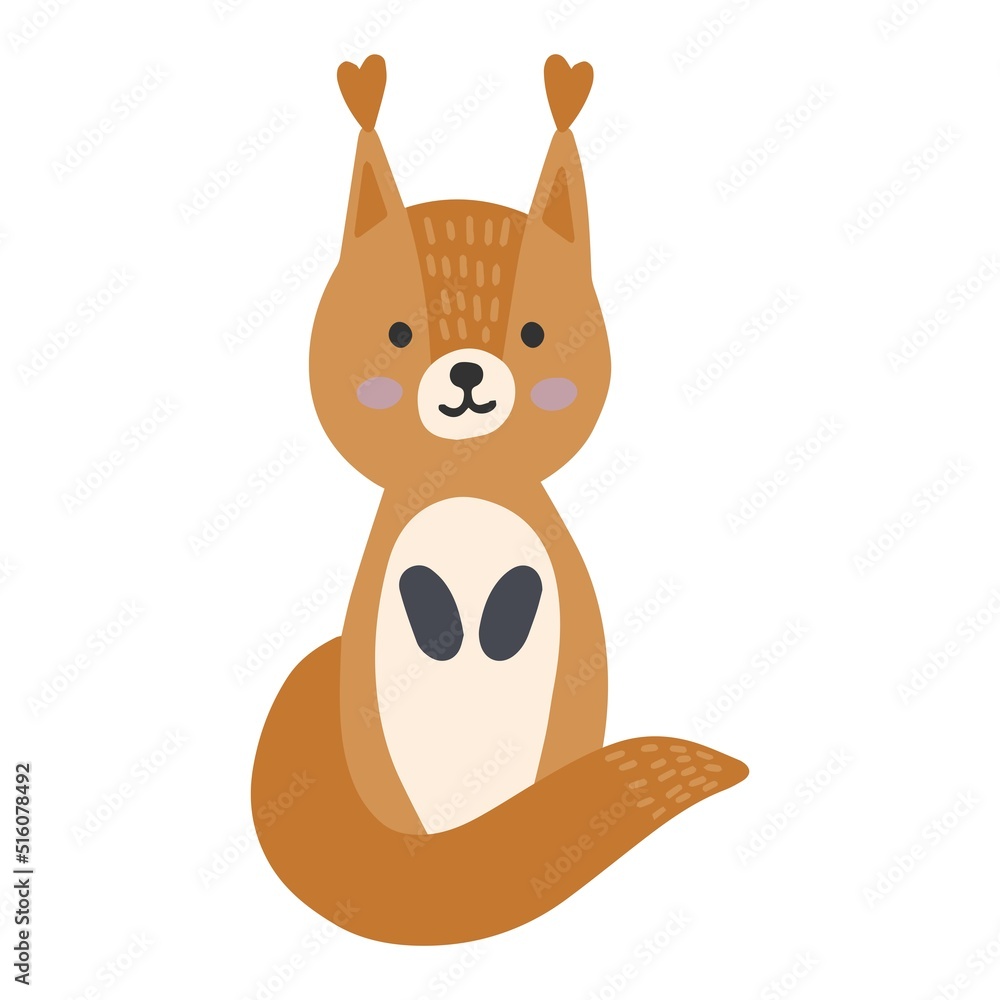 Obraz premium Hand drawn vector illustration of a cute funny squirrel. Isolated objects on white background. Scandinavian style flat design. Concept children print. Woodland animal.