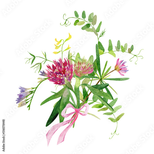 Composition of wild flowers and herbs. Watercolor bouquet with yellow and pink gently summer meadow flowers  branches and leaves  isolated on white.