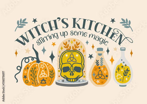 Witch kitchen halloween vector greeting card