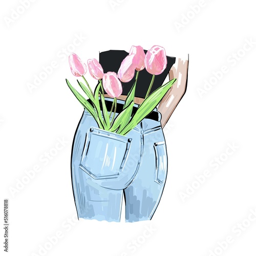Girl in jeans from behind with a bouquet of tulips in her pocket, hand-drawn illustration