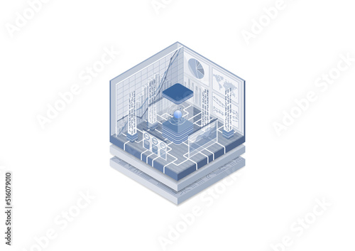 Quantum computing concept. Vector illustration of isometric cube. Super computer with quantum technology connected to the internet. 