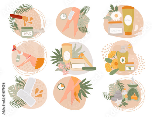 Set vector illustration for beauty industry and cosmetology, spa salona. Professional cosmetics treatment and wellness, body lotion, oil, Waxing cream, paste, depilatory cream.