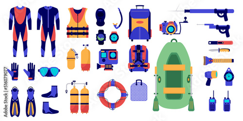 Equipment gear set for diving. Scuba diving, diving mask, flippers, oxygen tank, aqualung, snorkel, marine animals, spearfishing diving underwater protective sea equipment etc. Vector illustration