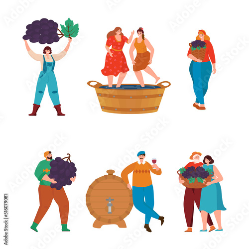 Vector illustration grape wine product process with small people. Grape harvest or winemaking, wine tasting concept. Illustration can use for card, banner, poster, web page template