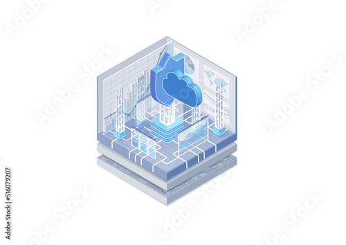 Cloud computing security concept. Vector illustration of an isometric cube. Symbol of a cloud and shield to represent protection of internet data flow. 