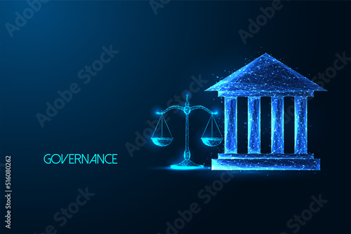 Concept of court, law regulations, compliance with court building and justice scale on dark blue 