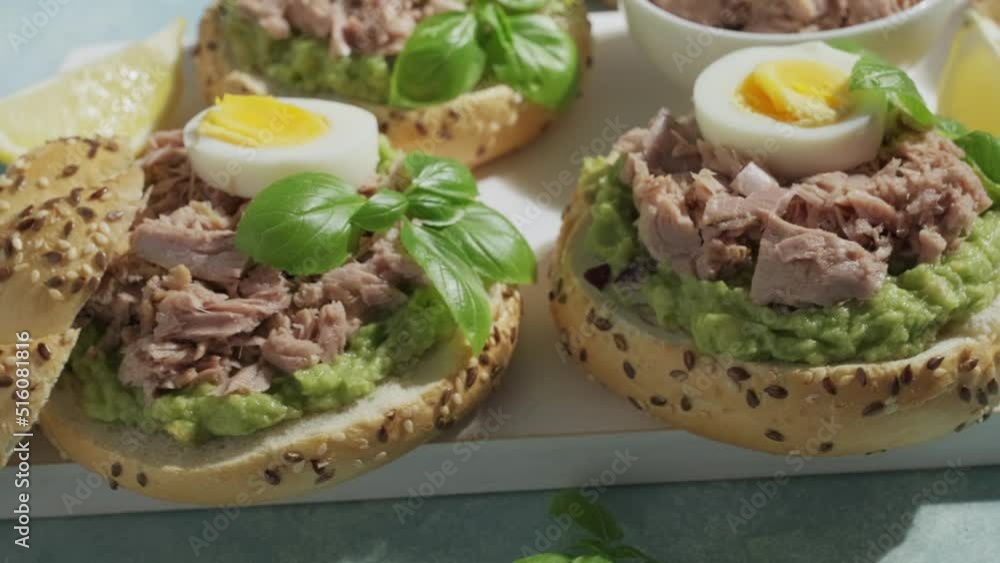 Canned tuna open sandwiches. Buns burgers with canned tuna, boiled egg