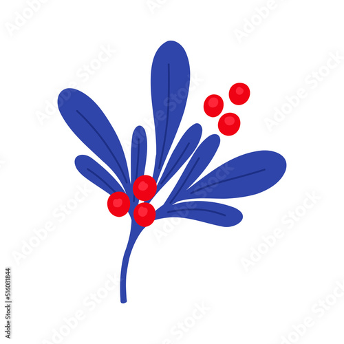 Vector illustration with a sprig of holly and red berries in a flat style on a white background.