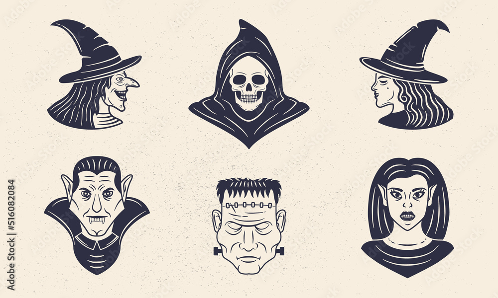 Fototapeta premium Halloween vintage characters set. Grim Reaper, Cute Witch, Old Witch, Vampires, Monster. Halloween monsters isolated on white background. Vector illustration