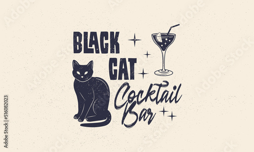Halloween vintage label, logo. Cocktail bar emblem with grunge texture. Black cat and Cocktail vintage icons. Hipster design. Print for T-shirt. Vector illustration