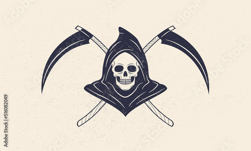 Grim reaper. Grim reaper with scythes. Reaper vintage icon. Halloween skeleton. Design element for logo, emblem, label, poster. Vector illustration