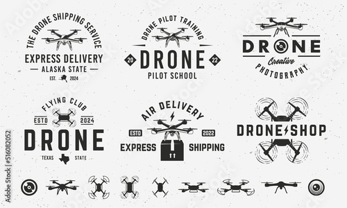 Vintage hipster logo templates and 6 design elements for drone business. Drone, UAV emblems templates. Drone silhouettes. Vector illustration