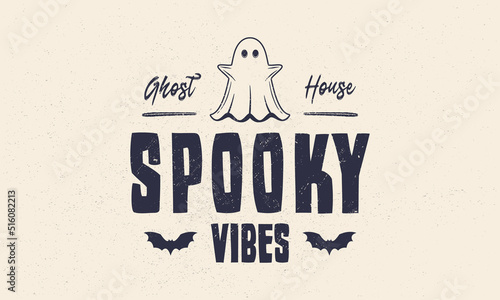 Halloween vintage label, logo. Ghost house emblem with grunge texture. Ghost vintage icon. Hipster design. Print for T-shirt. Vector illustration