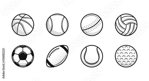 Set of 8 Sport vintage balls icons. Cricket, Baseball, American Football, Soccer, Volleyball, Golf, Basketball, Tennis. Trendy logo designs. Vector illustration.	