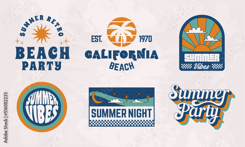 Summer Labels. Beach party, summer vibes. 1970s Retro logo designs. 6 retro 70's logos set. Groovy prints for T-shirt, typography. Vector summer emblems templates.
