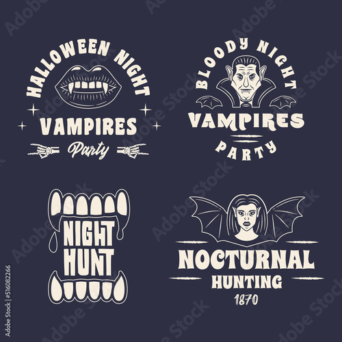 Vampire logo set. 4 vampire related labels, badges, emblems. Halloween emblem, poster templates. Vector illustration