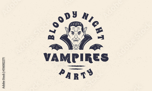 Vampire vintage label, logo. Vampire emblem with grunge texture. Halloween Vampire vintage icon. Hipster design. Print for T-shirt. Vector illustration