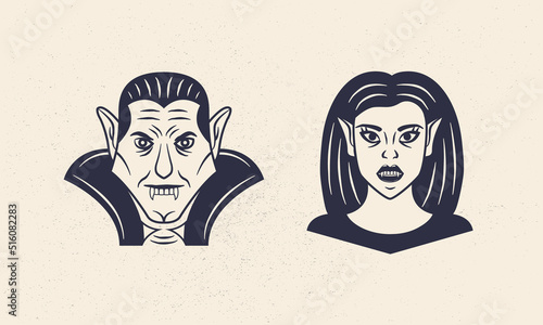 Vampires heads set. Male and Female Vampire vintage icons. Design element for logo, emblem, label, poster. Vector illustration
