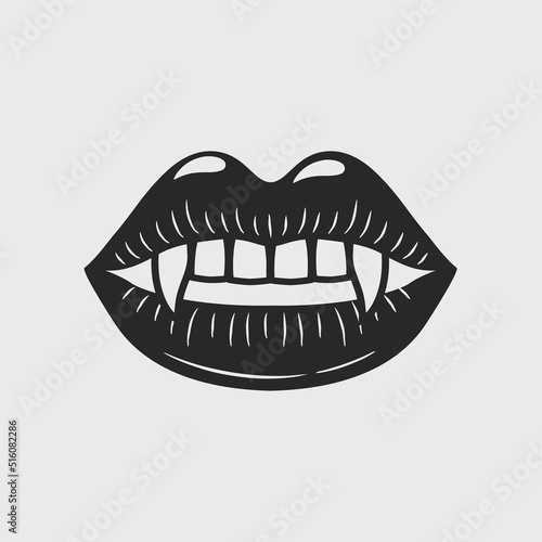 Vintage Vampire logo. Women lips with vampire teeth isolated on white background. Vector illustration	