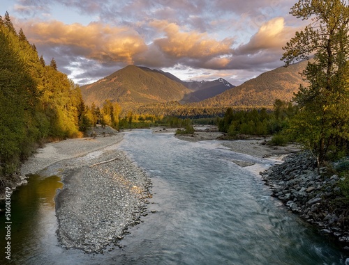 Photography Picture of the Chilliwack river and surrounding mountains in beautiful evening l