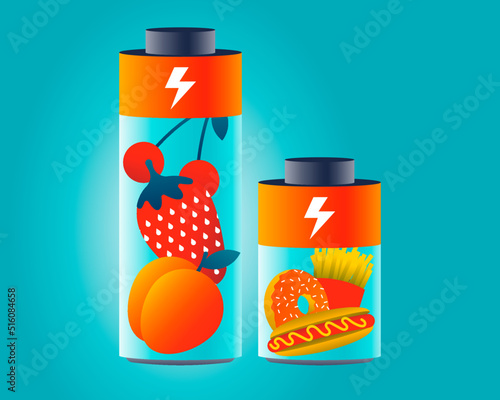 Stronger battery full of healthy food, and weaker battery full of junk food.  Concept of energy from healthy food, energy diet, comparison between junk food and fruit. Vector illustration