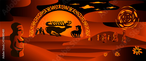 Background in the Scythian style with ornaments, patterns, ancient stone sculptures and burial mounds