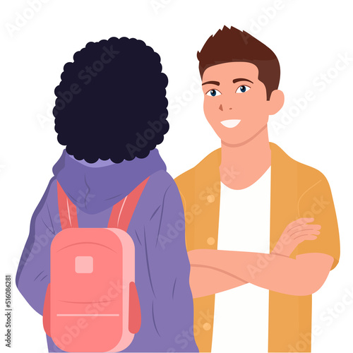 African american woman talking to a white man.Vector flat illustration.