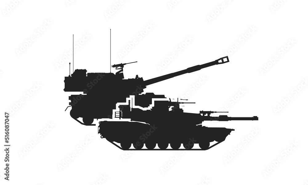 military vehicle equipment icon. tank and self-propelled howitzer. vector images for military web design military vehicle equipment icon. tank and self-propelled howitzer. vector images for military web design