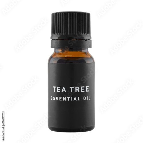 A bottle of tea tree essential oil isolated on a white background. The idea of natural cosmetic, natural oils, emotional wellbeing and skincare. Clipping path