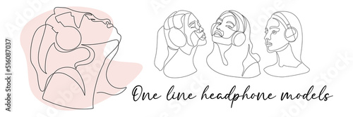 continuous single drawn one line set. girl woman or man listens to music with headphones hand-drawn picture silhouette. Line art. Fashion