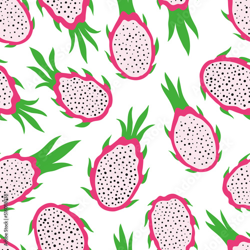 Seamless pattern with dragonfruits and pitaya slices. Hand drawn pitaya pattern on white background. for fabric, drawing labels, print, wallpaper of children's room, fruits background