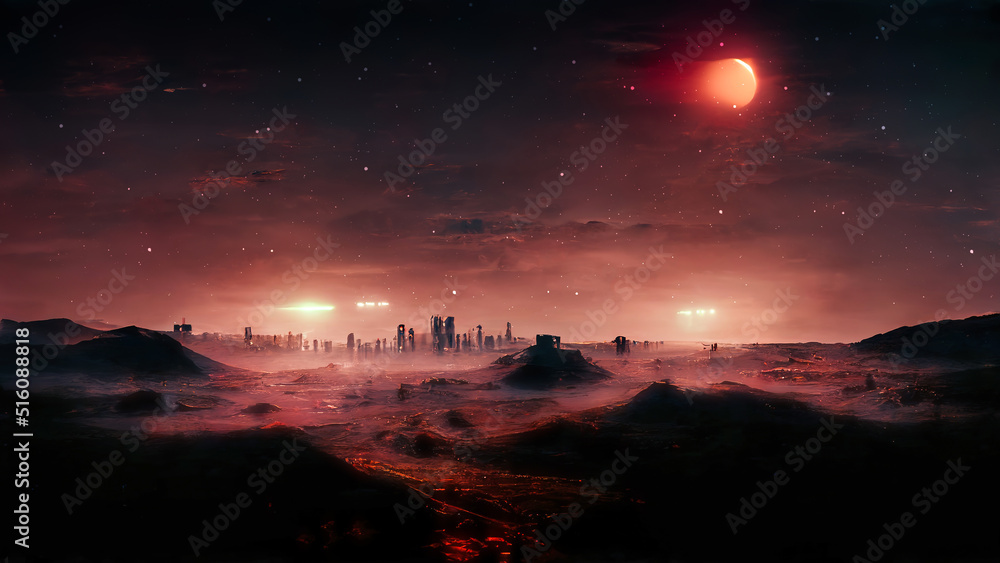 Naklejka premium Abstract fantasy landscape red planet. Desert night landscape, fog. Fantastic, futuristic landscape. 3D illustration.