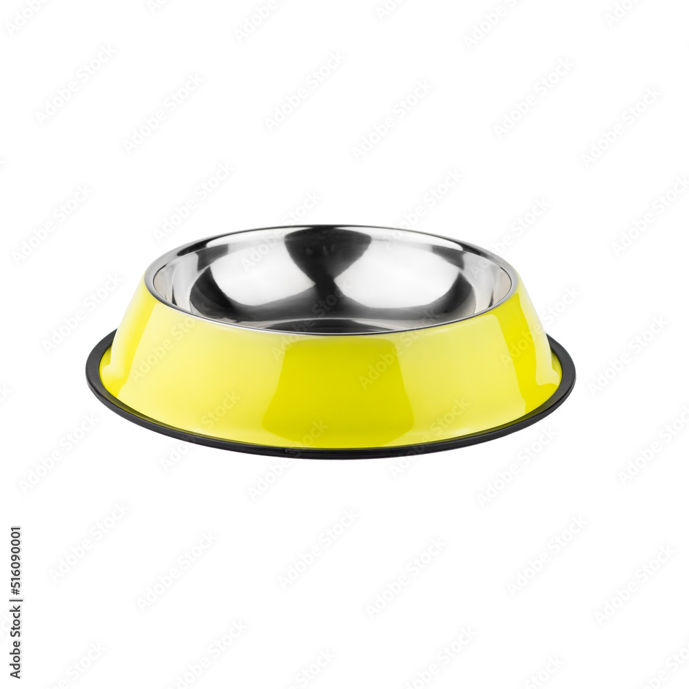 yellow iron bowl for dogs and cats. photo on a white background. for advertising and banners