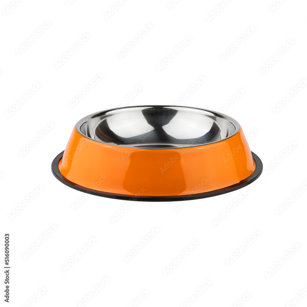 orange iron bowl for dogs and cats. photo on a white background. for advertising and banners orange iron bowl for dogs and cats. photo on a white background. for advertising and banners