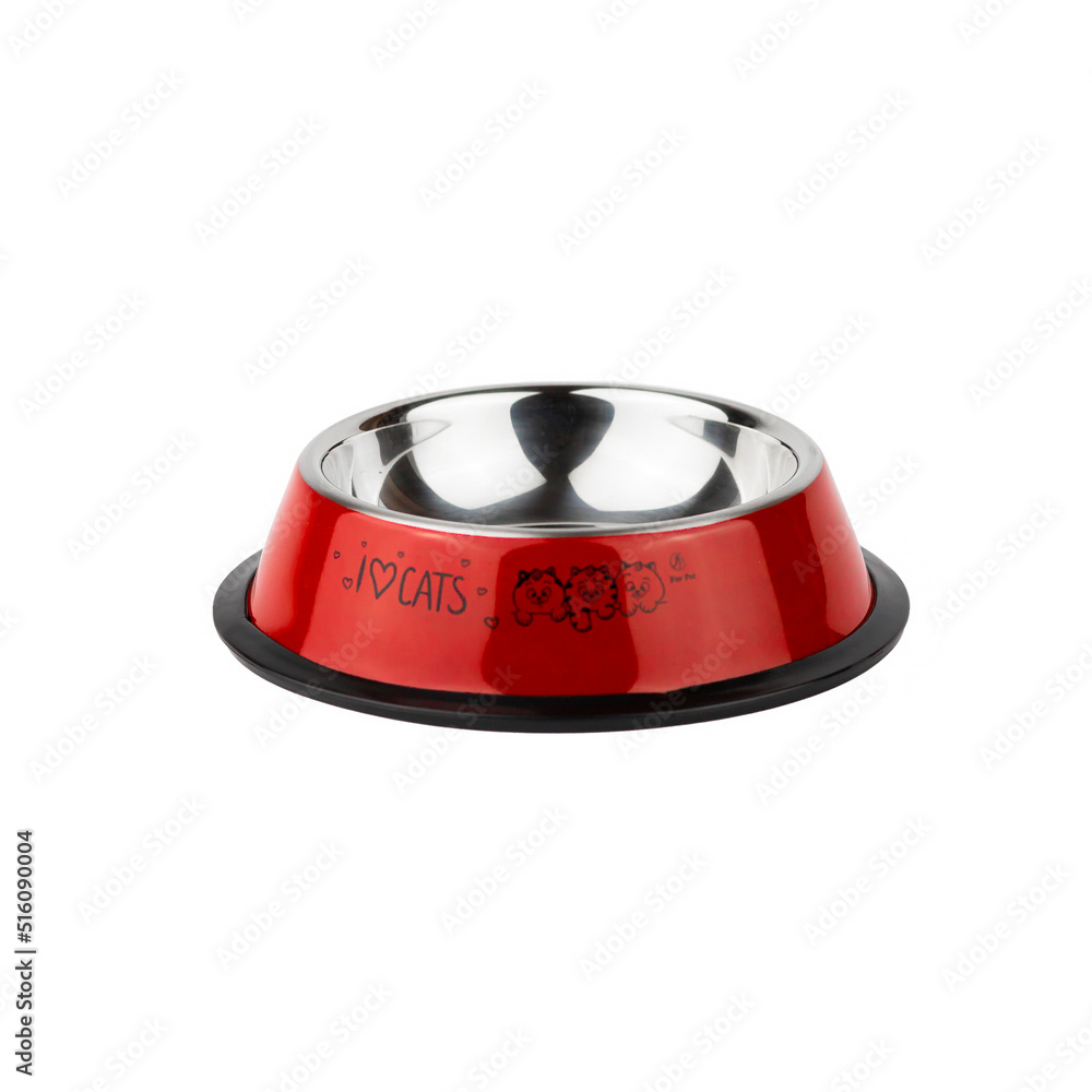 red iron bowl for dogs and cats. photo on a white background. for advertising and banners red iron bowl for dogs and cats. photo on a white background. for advertising and banners