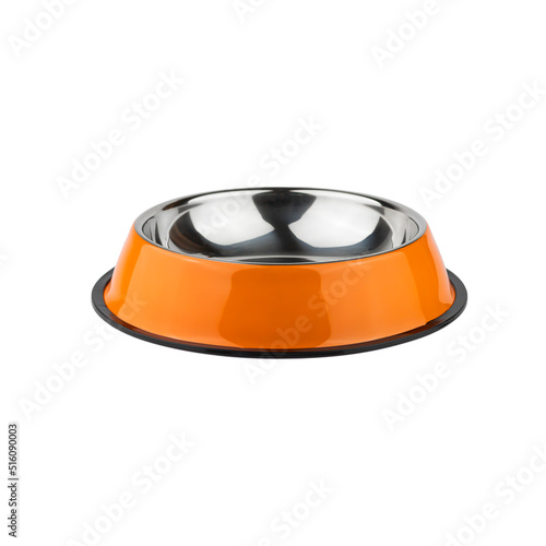 orange iron bowl for dogs and cats. photo on a white background. for advertising and banners