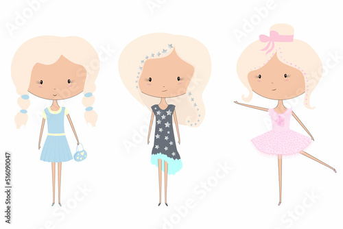 three blonde girls. Funny and cute characters. Isolated vector illustration for print, surface design, fashion.