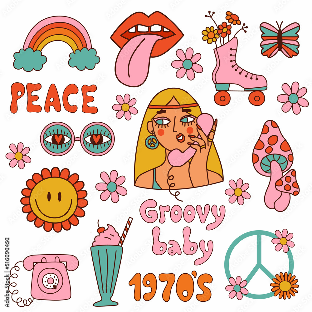 Set of Retro 70s groovy elements. 1970 vibes. Vector illustration