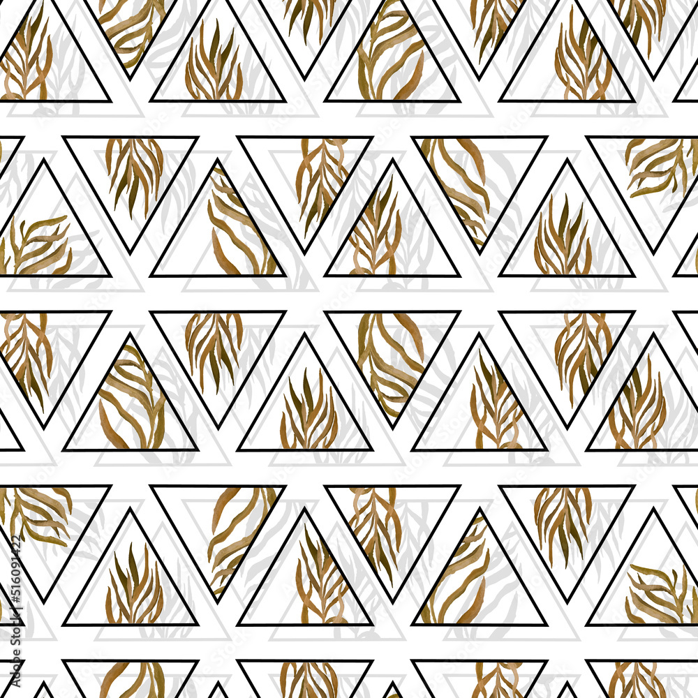 Fototapeta premium watercolor twigs with leaves in triangles frames geometric seamless pattern