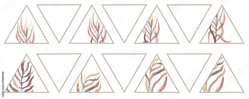 set isolated elements watercolor leaves with geometric triangles set isolated elements watercolor leaves with geometric triangles
